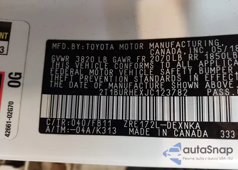 2018 Toyota Corolla Le from USA, damaged, VIN 2T1BURHEXJC123782